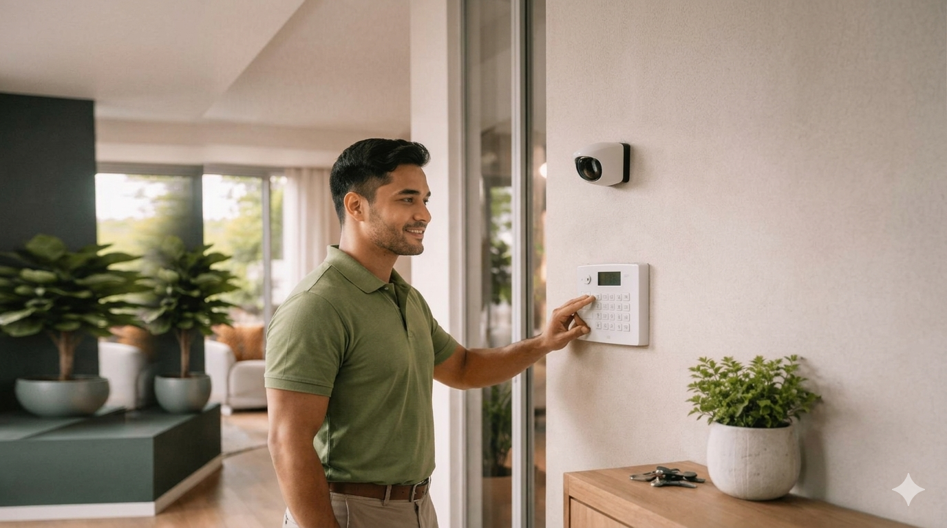 Pessoa utilizando painel de segurança residencial, simbolizando proteção do patrimônio, prevenção de riscos, monitoramento de imóveis e tranquilidade para moradores.